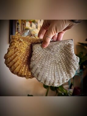 SET Of 2 Vintage Seashell Gold Silver Fully Beaded Bags Crossbody Clutch
